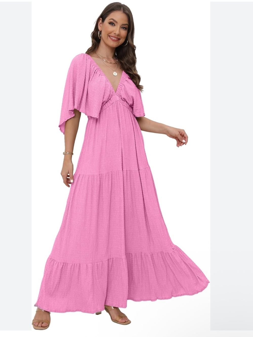NWOT Sunnow Flutter Sleeve Pink Maxi Dress with V-Back